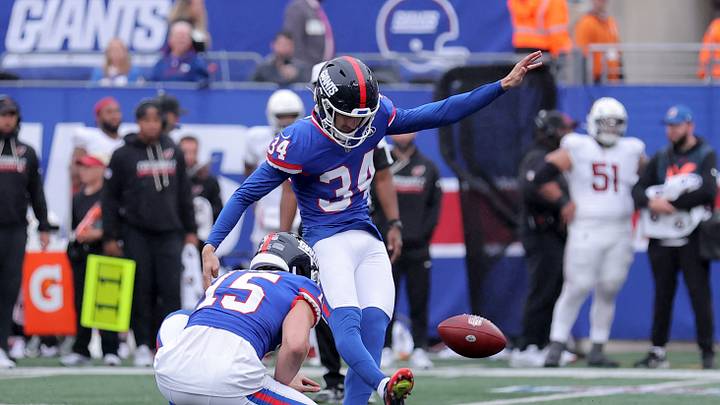 Oct 4, 2026; East Rutherford, New Jersey, USA; New York Giants place kicker Dominic Zvada (34) kicks a field goal against the Arizona Cardinals during the third quarter at MetLife Stadium.  