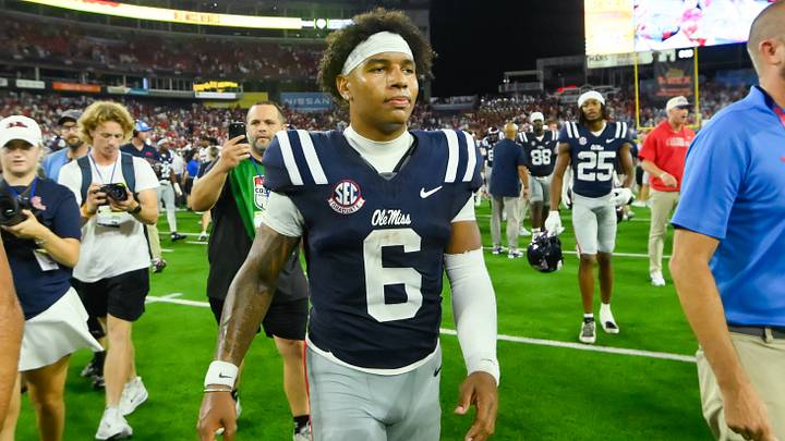 Sep 6, 2026; Nashville, Tennessee, USA; Ole Miss Rebels quarterback Trinidad Chambliss (6) walks off the field against the Louisville Cardinals during the second half at Nissan Stadium. Mandatory Credit: Steve Roberts-Imagn Images Sep 6, 2026; Nashville, Tennessee, USA; Ole Miss Rebels quarterback Trinidad Chambliss (6) walks off the field against the Louisville Cardinals during the second half at Nissan Stadium. Mandatory Credit: Steve Roberts-Imagn Images