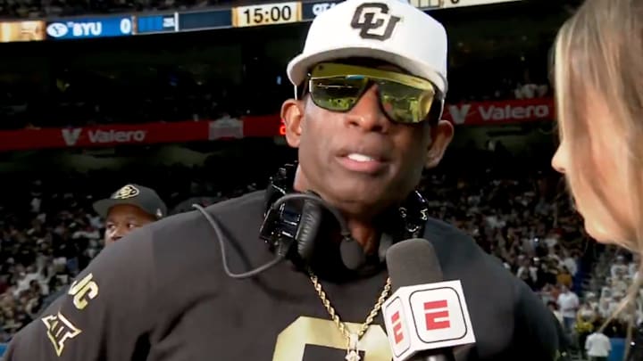 Colorado's Deion Sanders gives an emotional interview to ESPN's Taylor McGregor ahead of the Alamo Bowl 