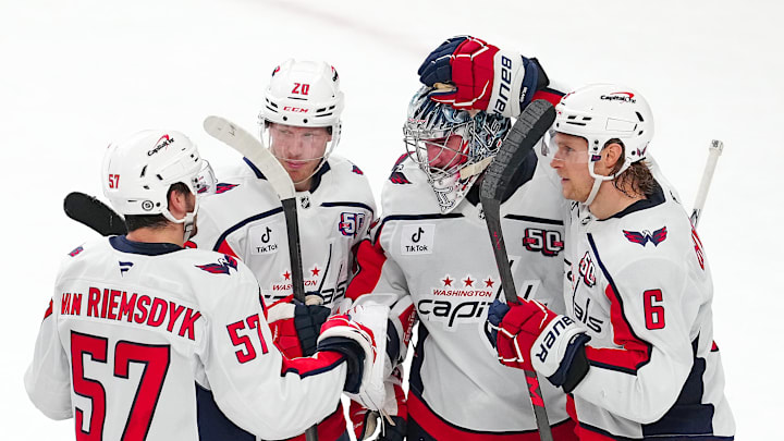 Logan Thompson, Trevor van Riemsdyk, Lars Eller, Jakob Chychrun, Washington Capitals Mandatory Credit: Stephen R. Sylvanie-Imagn Images