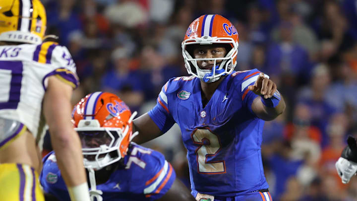 Nov 16, 2024; Gainesville, Florida, USA; Florida Gators quarterback DJ Lagway (2) calls a play against the LSU Tigers during the second half at Ben Hill Griffin Stadium. Mandatory Credit: Kim Klement Neitzel-Imagn Images