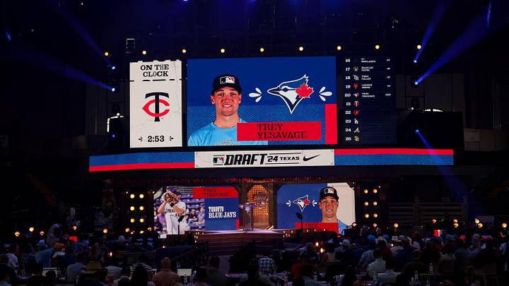 Jul 14, 2024; Ft. Worth, TX, USA; Trey Yesavage is drafted by the Toronto Blue Jays with the 20th pick during the first round of the MLB Draft at Cowtown Coliseum. Mandatory Credit: Kevin Jairaj-Imagn Images