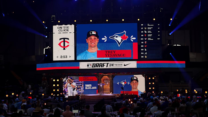 Jul 14, 2024; Ft. Worth, TX, USA; The Twins on the clock at the MLB draft. Mandatory Credit: Kevin Jairaj-Imagn Images