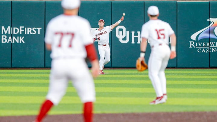 Oklahoma outfielder Bryce Madron (12) throws from the outfield Oklahoma outfielder Bryce Madron (12) throws from the outfield