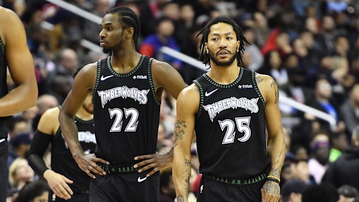 Mar 3, 2019; Washington, DC, USA; Minnesota Timberwolves forward Andrew Wiggins (22) and guard Derrick Rose (25) on the court against the Washington Wizards during the first quarter at Capital One Arena. Mandatory Credit: Brad Mills-Imagn Images Mar 3, 2019; Washington, DC, USA; Minnesota Timberwolves forward Andrew Wiggins (22) and guard Derrick Rose (25) on the court against the Washington Wizards during the first quarter at Capital One Arena. Mandatory Credit: Brad Mills-Imagn Images