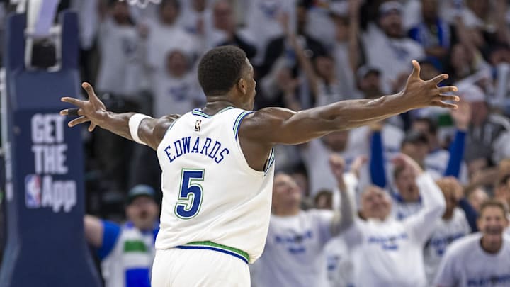 Apr 20, 2024; Minneapolis, Minnesota, USA; Minnesota Timberwolves guard Anthony Edwards (5) reacts
