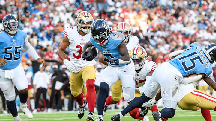 Aug 10, 2024; Nashville, Tennessee, USA; Tennessee Titans running back Tyjae Spears (2) runs the ball against the San Francisco 49ers during the first half at Nissan Stadium. Mandatory Credit: Steve Roberts-Imagn Images Aug 10, 2024; Nashville, Tennessee, USA; Tennessee Titans running back Tyjae Spears (2) runs the ball against the San Francisco 49ers during the first half at Nissan Stadium. Mandatory Credit: Steve Roberts-Imagn Images
