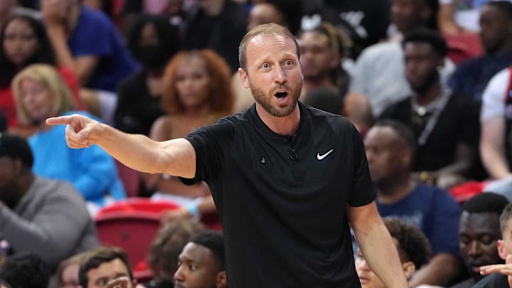 Jul 17, 2022; Las Vegas, NV, USA; Portland Trail Blazers Summer League head coach Steve Hetzel watches game action during the NBA Summer League Championship game against the New York Knicks at Thomas & Mack Center.  Mandatory Credit: Stephen R. Sylvanie-Imagn Images