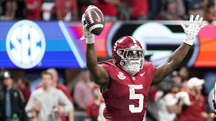 Dec 2, 2023; Atlanta, GA, USA; Alabama Crimson Tide running back Roydell Williams (5) reacts against