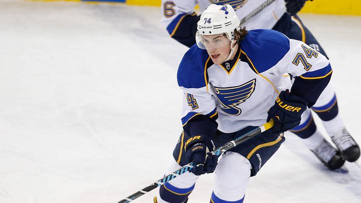 Jan 7, 2014; Edmonton, Alberta, CAN; St. Louis Blues forward TJ Oshie (74) looks to make a pass against the Edmonton Oilers at Rexall Place. Mandatory Credit: Perry Nelson-USA TODAY Sports