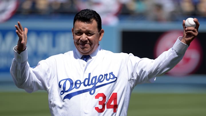 Apr 6, 2015; Los Angeles, CA, USA; Fernando Valenzuela throws out the ceremonial first pitch before the 2015 MLB opening day game between the San Diego Padres and the Los Angeles Dodgers at Dodger Stadium. Mandatory Credit: Kirby Lee-Imagn Images