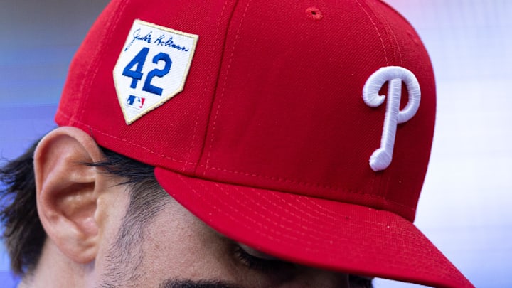 Apr 15, 2024; Philadelphia, Pennsylvania, USA; Philadelphia Phillies outfielder Nick Castellanos (8) wears a number 42 hat for Jackie Robinson day in a game against the Colorado Rockies at Citizens Bank Park. 