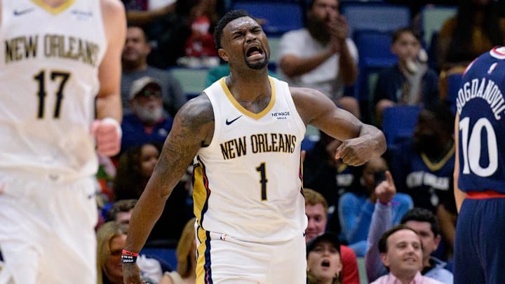 Mar 11, 2025; New Orleans, Louisiana, USA; New Orleans Pelicans forward Zion Williamson (1) reacts after a dunk against the Los Angeles Clippers during the fourth quarter at Smoothie King Center. Mandatory Credit: Matthew Hinton-Imagn Images