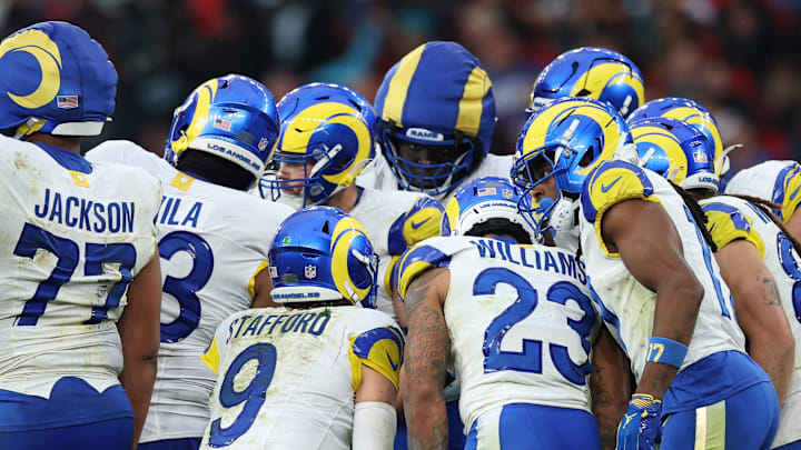 Oct 19, 2025; London, United Kingdom; Los Angeles Rams quarterback Matthew Stafford (9) huddles with teammates before a play against the Jacksonville Jaguars during the second half during a NFL International Series game at Wembley Stadium. Mandatory Credit: Andrew Boyers-Reuters via Imagn Images Oct 19, 2025; London, United Kingdom; Los Angeles Rams quarterback Matthew Stafford (9) huddles with teammates before a play against the Jacksonville Jaguars during the second half during a NFL International Series game at Wembley Stadium. Mandatory Credit: Andrew Boyers-Reuters via Imagn Images
