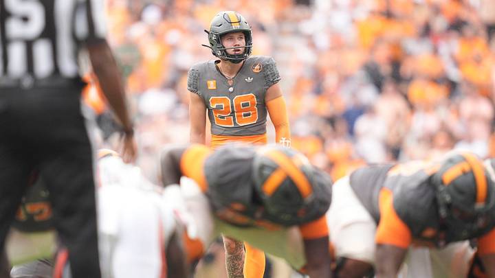 Tennessee kicker Cooper Ranvier (28) prepares to kick a field goal during a game between Tennessee and Auburn in Neyland Stadium in Knoxville, Tennessee, Oct. 3, 2026. Tennessee kicker Cooper Ranvier (28) prepares to kick a field goal during a game between Tennessee and Auburn in Neyland Stadium in Knoxville, Tennessee, Oct. 3, 2026.