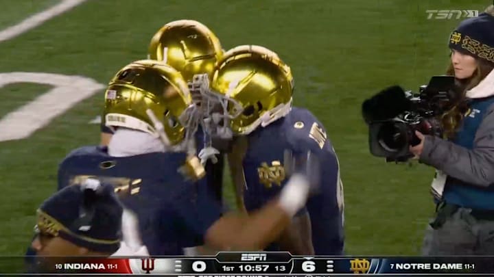 Notre Dame's Jeremiyah Love celebrates a touchdown against Indiana in the first round of the College Football Playoff.