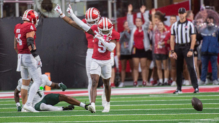 Indiana's D'Angelo Ponds (5) celebrates a stop during the Indiana versus Michigan State football game at Memorial Stadium on Saturday, Oct. 18, 2025. Indiana's D'Angelo Ponds (5) celebrates a stop during the Indiana versus Michigan State football game at Memorial Stadium on Saturday, Oct. 18, 2025.