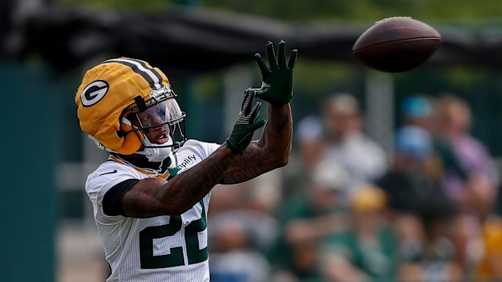 Green Bay Packers wide receiver Matthew Golden (22) catches a pass during the first day of training camp on Wednesday, July 23, 2025, at Ray Nitschke Field in Ashwaubenon, Wis.
Tork Mason/USA TODAY NETWORK-Wisconsin Green Bay Packers wide receiver Matthew Golden (22) catches a pass during the first day of training camp on Wednesday, July 23, 2025, at Ray Nitschke Field in Ashwaubenon, Wis.
Tork Mason/USA TODAY NETWORK-Wisconsin