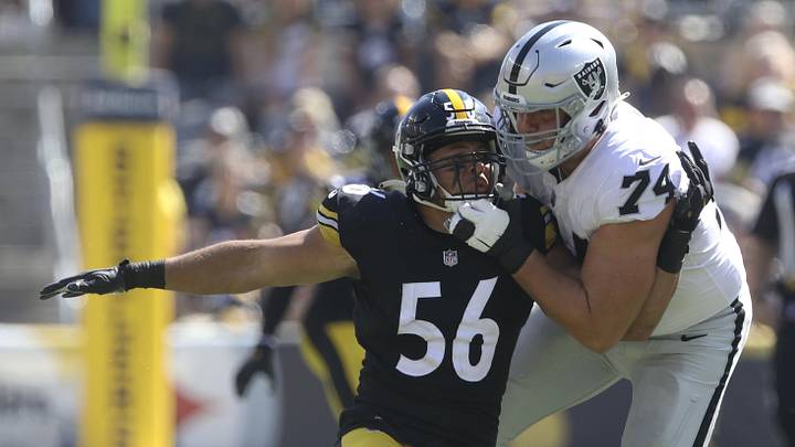 Sep 19, 2021; Pittsburgh, Pennsylvania, USA;  Las Vegas Raiders offensive tackle Kolton Miller (74)