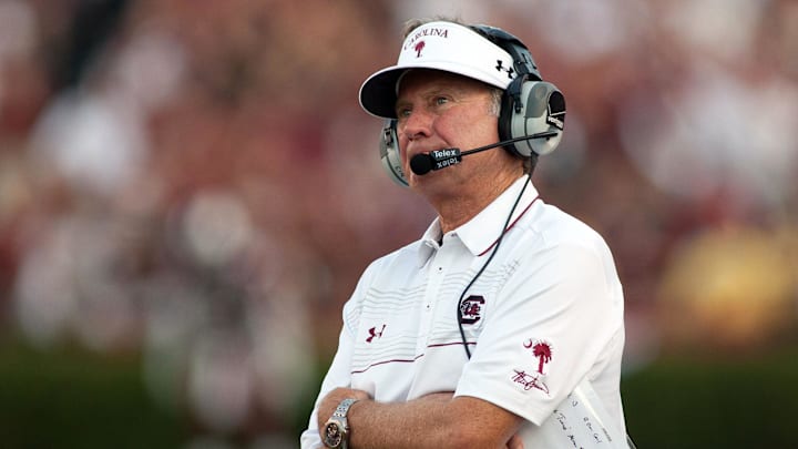 Aug 28, 2014; Columbia, SC, USA; South Carolina Gamecocks head coach Steve Spurrier watches a replay during the second quarter against the Texas A&M Aggies at Williams-Brice Stadium. Mandatory Credit: Jeremy Brevard-Imagn Images