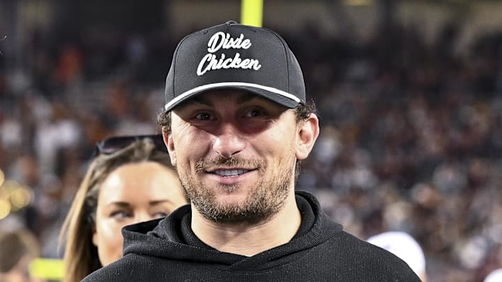 Nov 30, 2024; College Station, Texas, USA; Former Texas A&M and Cleveland Browns quarterback Johnny Manziel looks on prior to the game against the Texas Longhorns. The Longhorns defeated the Aggies 17-7 at Kyle Field. Mandatory Credit: Maria Lysaker-Imagn Images  