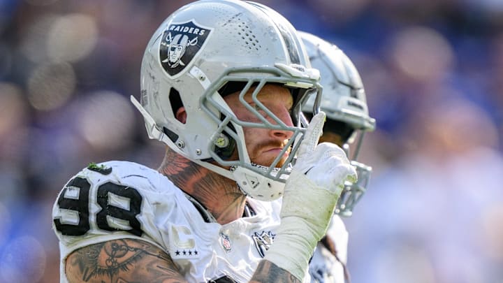 Sep 15, 2024; Baltimore, Maryland, USA; Las Vegas Raiders defensive end Maxx Crosby (98) celebrates after a sack during the second half against the Baltimore Ravens at M&T Bank Stadium. Mandatory Credit: Reggie Hildred-Imagn Images Sep 15, 2024; Baltimore, Maryland, USA; Las Vegas Raiders defensive end Maxx Crosby (98) celebrates after a sack during the second half against the Baltimore Ravens at M&T Bank Stadium. Mandatory Credit: Reggie Hildred-Imagn Images