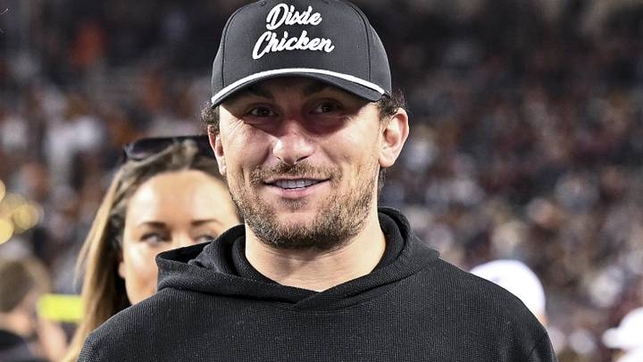 Nov 30, 2024; College Station, Texas, USA; Former Texas A&M and Cleveland Browns quarterback Johnny Manziel looks on prior to the game against the Texas Longhorns. The Longhorns defeated the Aggies 17-7 at Kyle Field. Mandatory Credit: Maria Lysaker-Imagn Images  