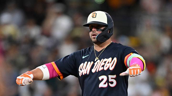 Sep 4, 2026; San Diego, California, USA;  San Diego Padres first baseman Ty France (25) gestures after hitting a double during the second inning against the New York Yankees at Petco Park.  Mandatory Credit: Denis Poroy-Imagn Images
