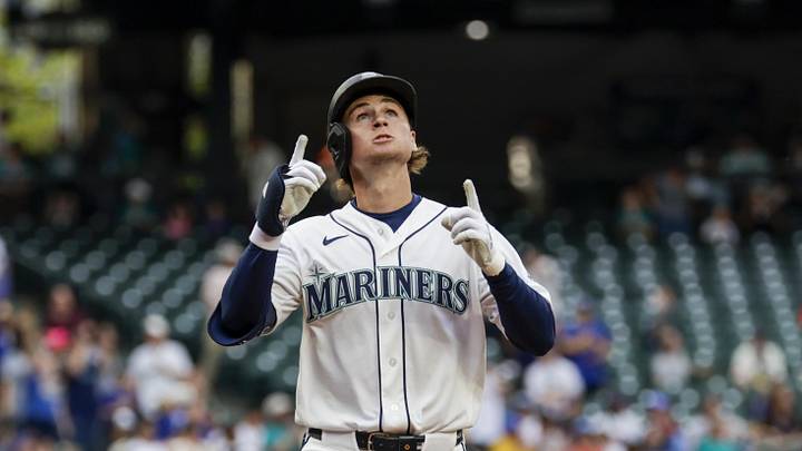 Jun 1, 2026; Seattle, Washington, USA; Seattle Mariners third baseman Colt Emerson (4) runs the bases after hitting a solo-home run against the New York Mets during the third inning at T-Mobile Park. Mandatory Credit: Joe Nicholson-Imagn Images