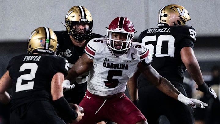 South Carolina Gamecocks edge Kyle Kennard (5) reacts as Vanderbilt Commodores quarterback Diego Pavia (2) protects the ball during the second half at FirstBank Stadium in Nashville, Tenn., Saturday, Nov. 9, 2024.