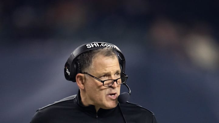 Dec 26, 2024; Phoenix, AZ, USA; Rutgers Scarlet Knights head coach Greg Schiano against the Kansas State Wildcats during the Rate Bowl at Chase Field. Mandatory Credit: Mark J. Rebilas-Imagn Images