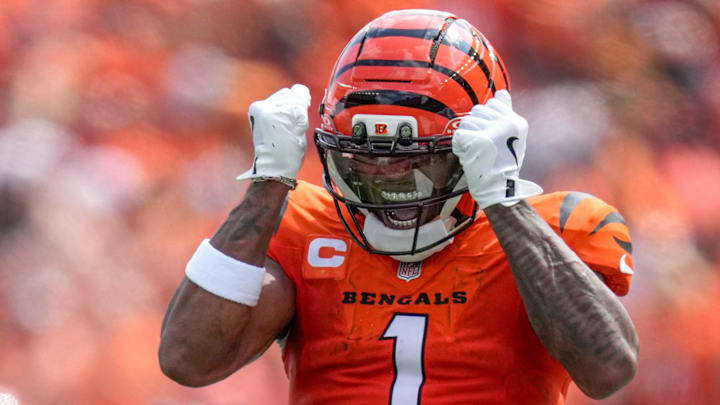 Cincinnati Bengals wide receiver Ja'Marr Chase (1) celebrates after breaking away for a long run on a reception in the second quarter of the NFL Week 2 game between the Cincinnati Bengals and the Jacksonville Jaguars at Paycor Stadium in downtown Cincinnati on Sunday, Sept. 14, 2025. The Jaguars led 17-10 at halftime.
