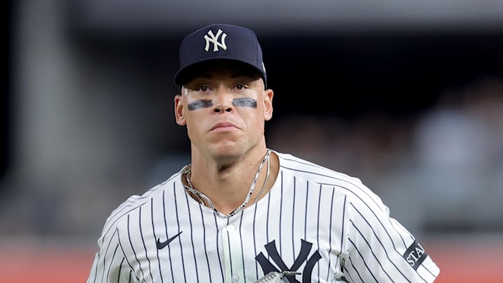 Jul 8, 2025; Bronx, New York, USA; New York Yankees right fielder Aaron Judge (99) during the eighth inning against the Seattle Mariners at Yankee Stadium. Mandatory Credit: Brad Penner-Imagn Images