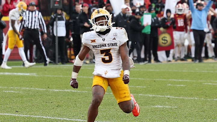 Nov 1, 2025; Ames, Iowa, USA; Arizona State Sun Devils running back Raleek Brown (3) celebrates during their game with the Iowa State Cyclones at Jack Trice Stadium. Mandatory Credit: Reese Strickland-Imagn Images Nov 1, 2025; Ames, Iowa, USA; Arizona State Sun Devils running back Raleek Brown (3) celebrates during their game with the Iowa State Cyclones at Jack Trice Stadium. Mandatory Credit: Reese Strickland-Imagn Images