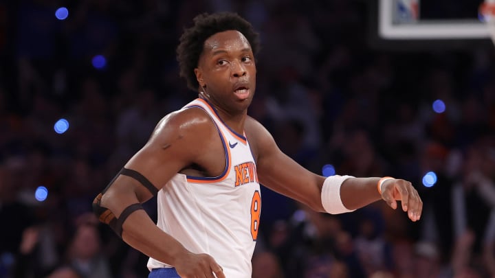 May 6, 2024; New York, New York, USA; New York Knicks forward OG Anunoby (8) reacts after a basket during the second quarter of game one of the second round of the 2024 NBA playoffs against the Indiana Pacers at Madison Square Garden. Mandatory Credit: Brad Penner-USA TODAY Sports May 6, 2024; New York, New York, USA; New York Knicks forward OG Anunoby (8) reacts after a basket during the second quarter of game one of the second round of the 2024 NBA playoffs against the Indiana Pacers at Madison Square Garden. Mandatory Credit: Brad Penner-USA TODAY Sports