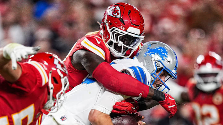 Detroit Lions quarterback Jared Goff (16) is sacked by Kansas City Chiefs defensive end Charles Omenihu (90) during the second half at Arrowhead Stadium in Kansas City, Missouri on Sunday, Oct. 12, 2025. Detroit Lions quarterback Jared Goff (16) is sacked by Kansas City Chiefs defensive end Charles Omenihu (90) during the second half at Arrowhead Stadium in Kansas City, Missouri on Sunday, Oct. 12, 2025.