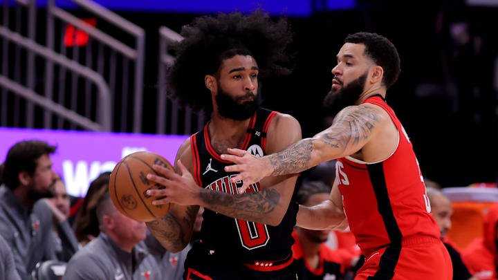 Mar 15, 2025; Houston, Texas, USA; Chicago Bulls guard Coby White (0) looks to pass the ball against Houston Rockets forward Dillon Brooks (9) during the third quarter at Toyota Center. Mandatory Credit: Erik Williams-Imagn Images Mar 15, 2025; Houston, Texas, USA; Chicago Bulls guard Coby White (0) looks to pass the ball against Houston Rockets forward Dillon Brooks (9) during the third quarter at Toyota Center. Mandatory Credit: Erik Williams-Imagn Images