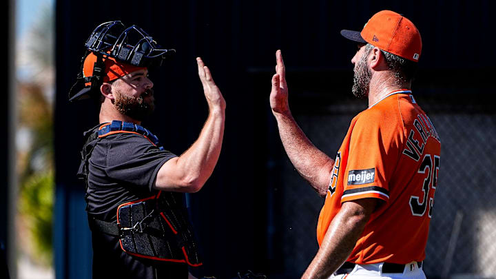 Detroit Tigers pitcher Justin Verlander high-fives catcher Jake Rogers.