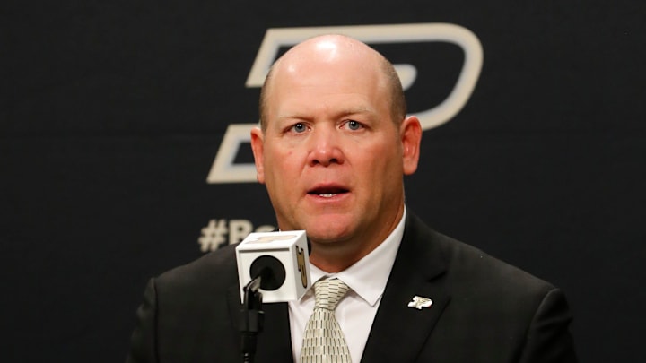 Purdue football head coach Barry Odom addresses the media Tuesday, Dec. 10, 2024, during the welcoming of Odom at Mackey Arena in West Lafayette, Ind.