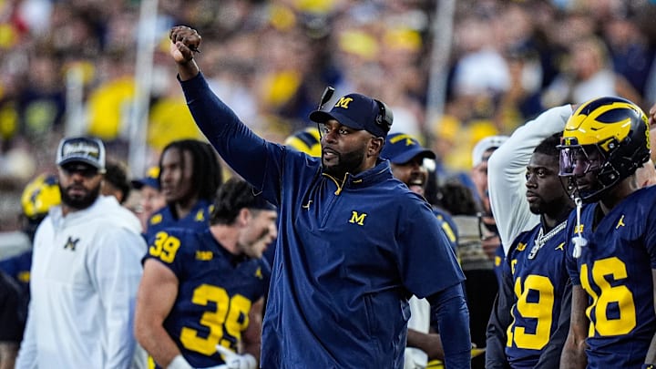 Michigan head coach Sherrone Moore reacts to a play against New Mexico during the first half at Michigan Stadium in Ann Arbor on Saturday, August 30, 2025.