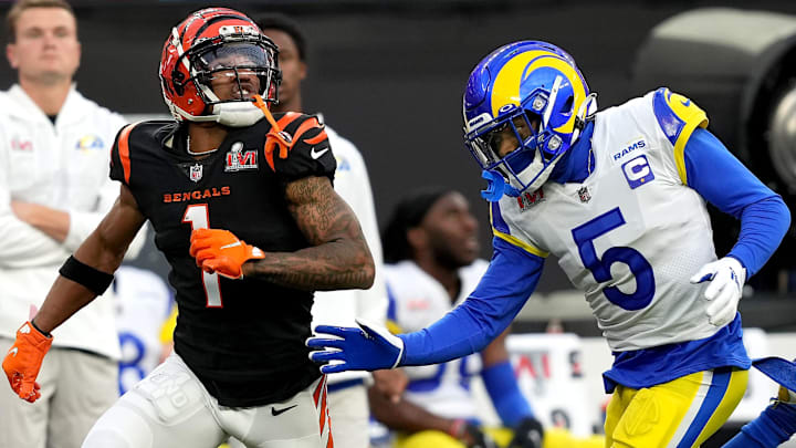 Cincinnati Bengals wide receiver Ja'Marr Chase (1) tracks a deep pass as Los Angeles Rams cornerback Jalen Ramsey (5) defends in the first quarter during Super Bowl 56, Sunday, Feb. 13, 2022, at SoFi Stadium in Inglewood, Calif.