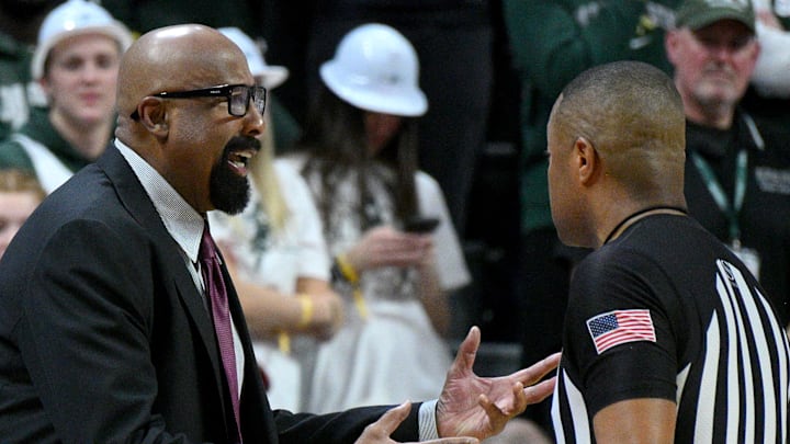 Indiana Hoosiers head coach Mike Woodson protests a call during the first half against the Michigan State Spartans at Jack Breslin Student Events Center. Indiana Hoosiers head coach Mike Woodson protests a call during the first half against the Michigan State Spartans at Jack Breslin Student Events Center.