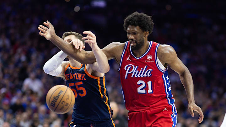 Apr 28, 2024; Philadelphia, Pennsylvania, USA; Philadelphia 76ers center Joel Embiid (21) looses