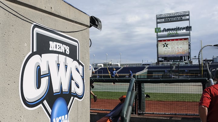 Jun 23, 2015; Omaha, NE, USA; General view of the CWS logo and field before the game between the Vanderbilt Commodores and Virginia Cavaliers in game two of the College World Series Finals at TD Ameritrade Park. Mandatory Credit: Steven Branscombe-Imagn Images