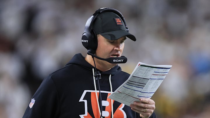 Oct 16, 2025; Cincinnati, Ohio, USA; Cincinnati Bengals head coach Zac Taylor calls a play against the Pittsburgh Steelers during the first half at Paycor Stadium. Mandatory Credit: Katie Stratman-Imagn Images