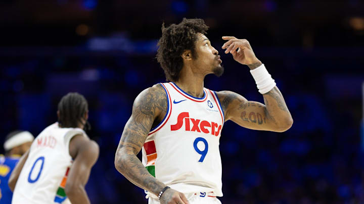Mar 1, 2025; Philadelphia, Pennsylvania, USA; Philadelphia 76ers guard Kelly Oubre Jr. (9) reacts after his three pointer against the Golden State Warriors during the second quarter at Wells Fargo Center. Mandatory Credit: Bill Streicher-Imagn Images