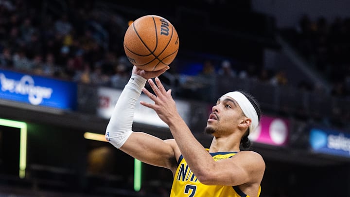 Indiana Pacers guard/forward Andrew Nembhard shoots the ball in the first half against the San Antonio Spurs.