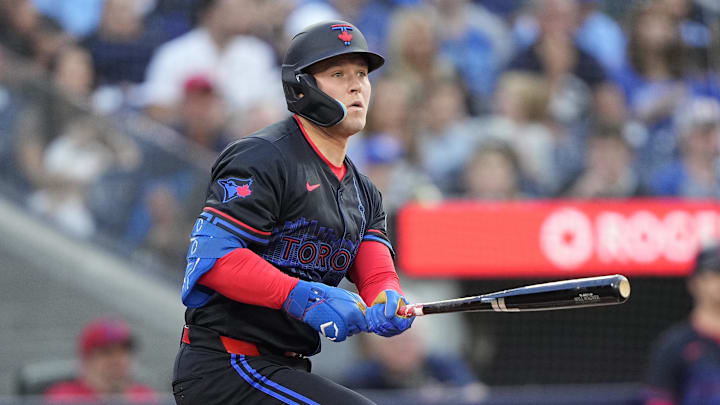 Jul 18, 2025; Toronto, Ontario, CAN; Toronto Blue Jays third baseman Will Wagner (7) hits a two run double against the San Francisco Giants during the second inning at Rogers Centre. Mandatory Credit: John E. Sokolowski-Imagn Images