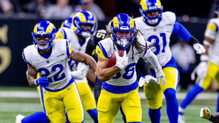 Dec 1, 2024; New Orleans, Louisiana, USA;  Los Angeles Rams wide receiver Jordan Whittington (88) runs agains the New Orleans Saints during the first half at Caesars Superdome. Mandatory Credit: Stephen Lew-Imagn Images