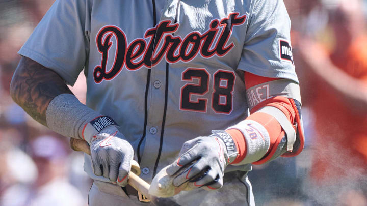 Aug 10, 2024; San Francisco, California, USA; Detroit Tigers infielder Javier Baez (28) applies rosin to his bat before batting against the San Francisco Giants during the seventh inning at Oracle Park.  Mandatory Credit: Robert Edwards-Imagn Images